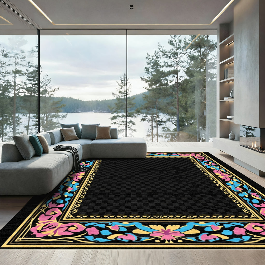 Vibrant Floral Border Trim Rug