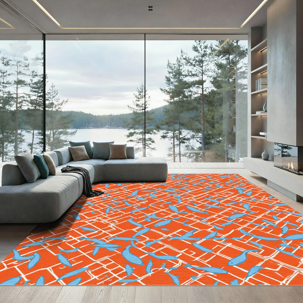 Sky Blue Fish On Orange Grid Rug