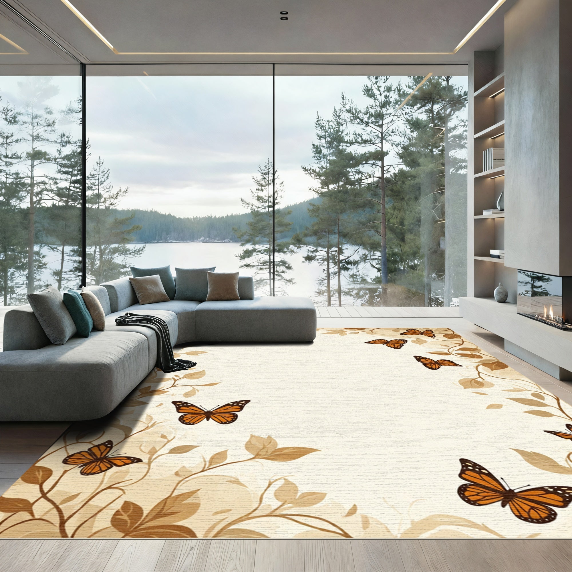 Monarch Butterflies and Autumn Leaves Border Rug