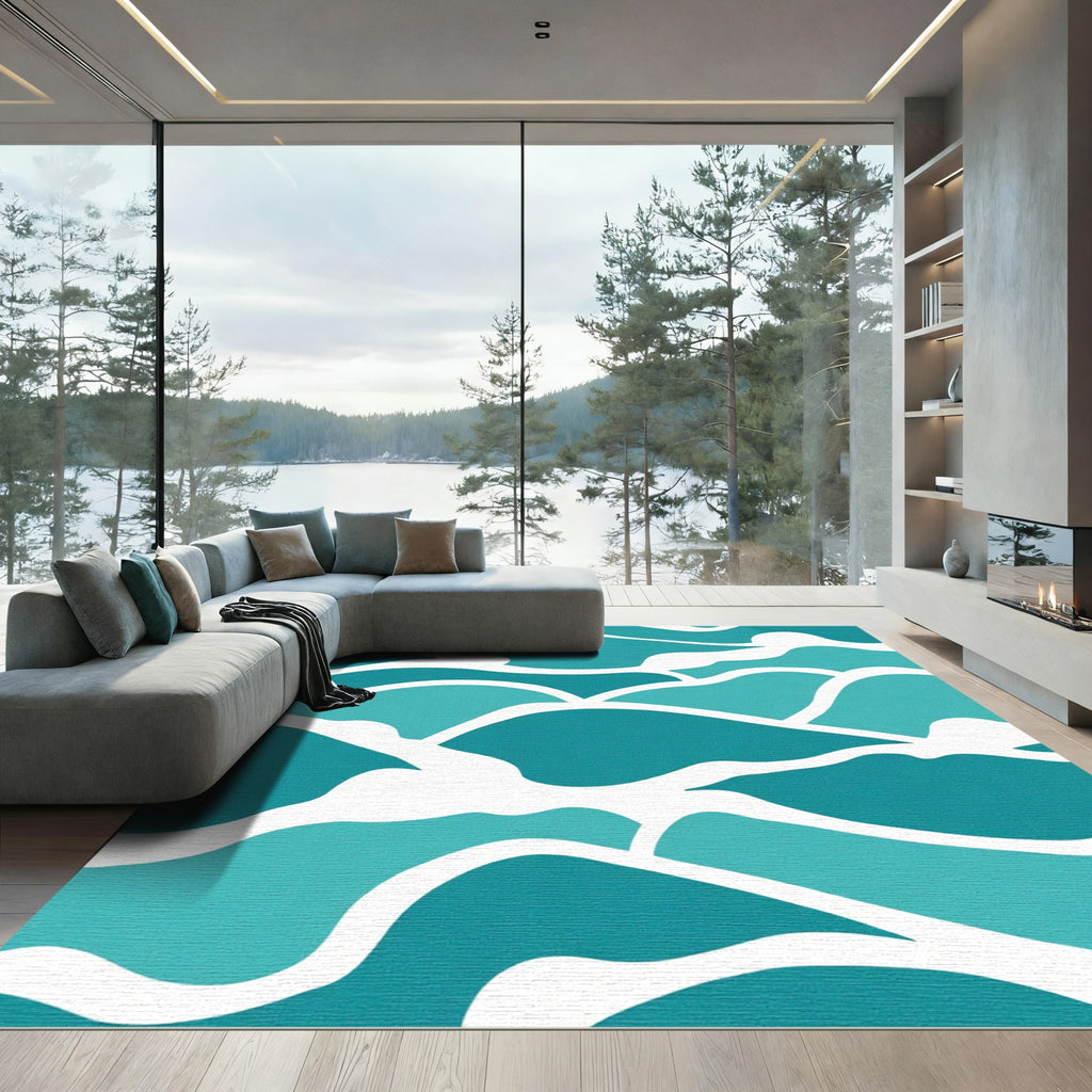 Oceanic Teal Abstract Wave Rug