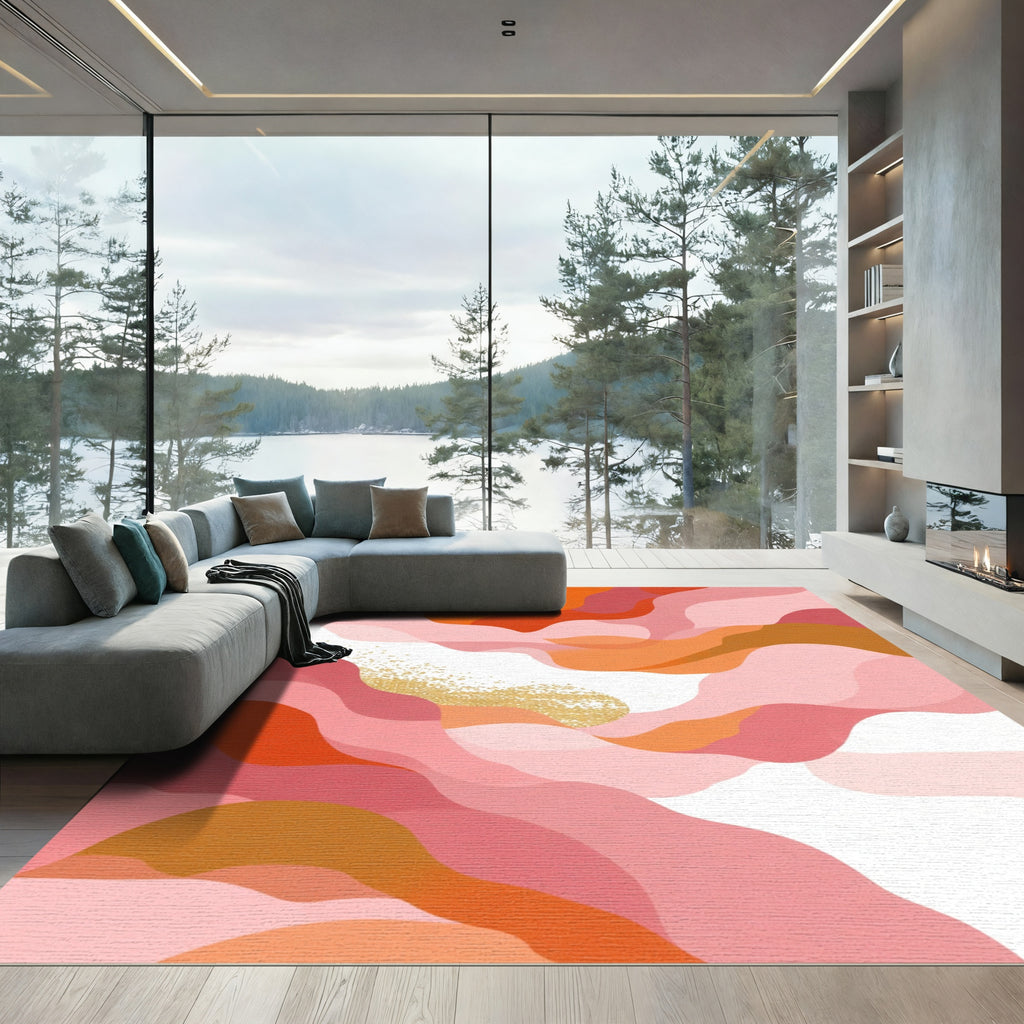 Pink Coral Abstract Wavy Gold Glitter Rug