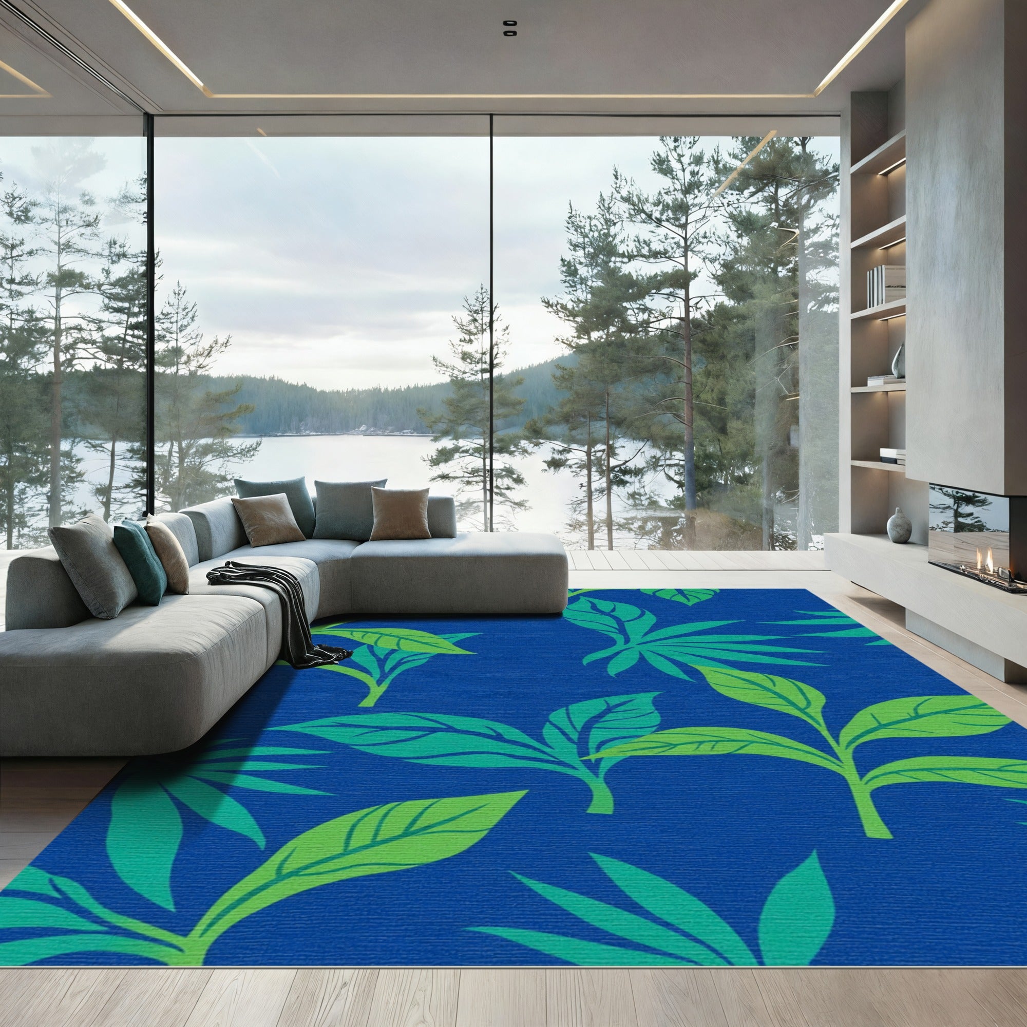 Vibrant Blue Green Leafy Canopy Rug