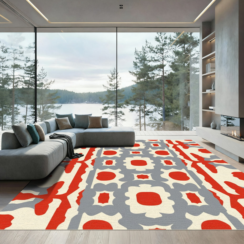 Bold Red Geometric Abstract Medallion Rug