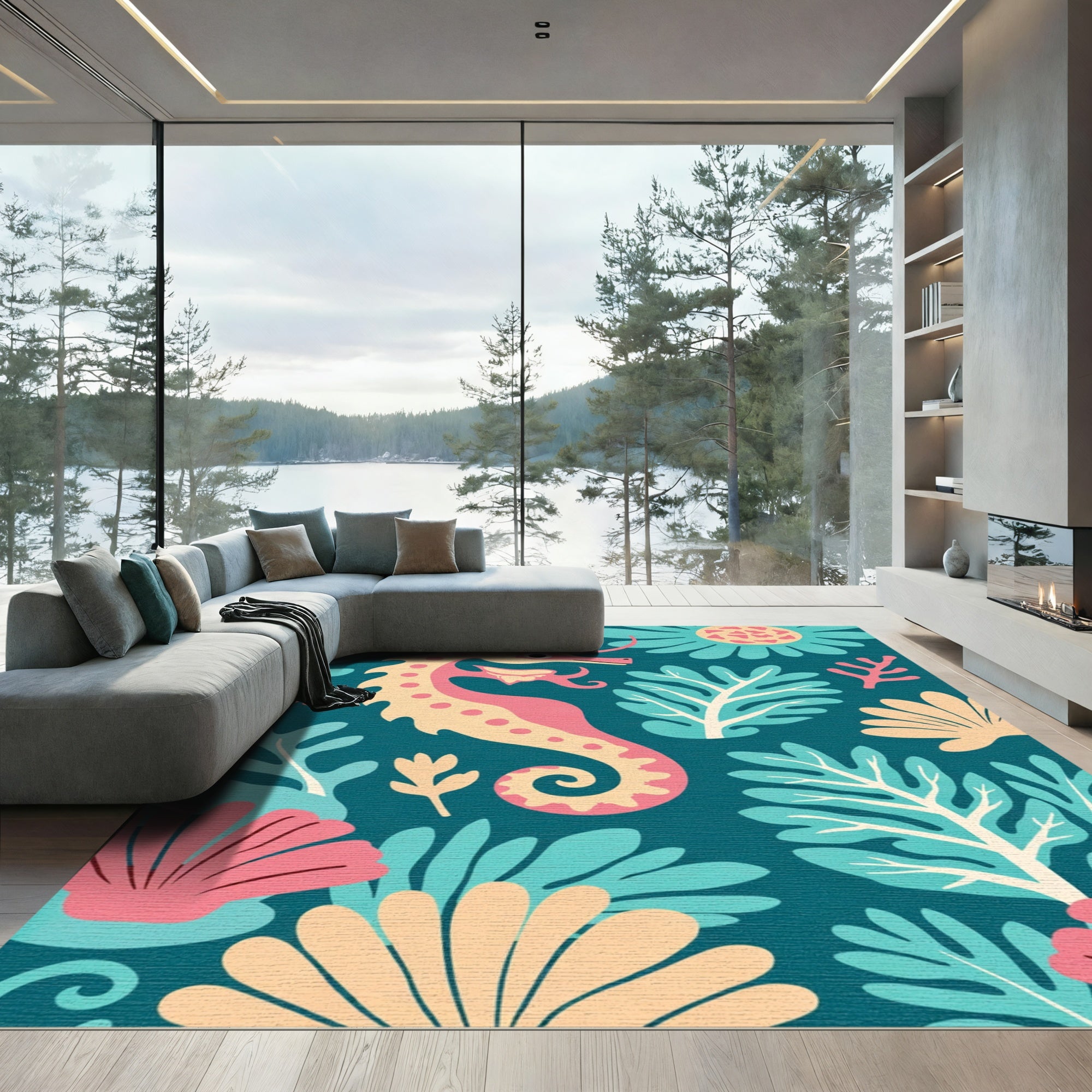 Playful Seahorse Coral Reef Scene Rug