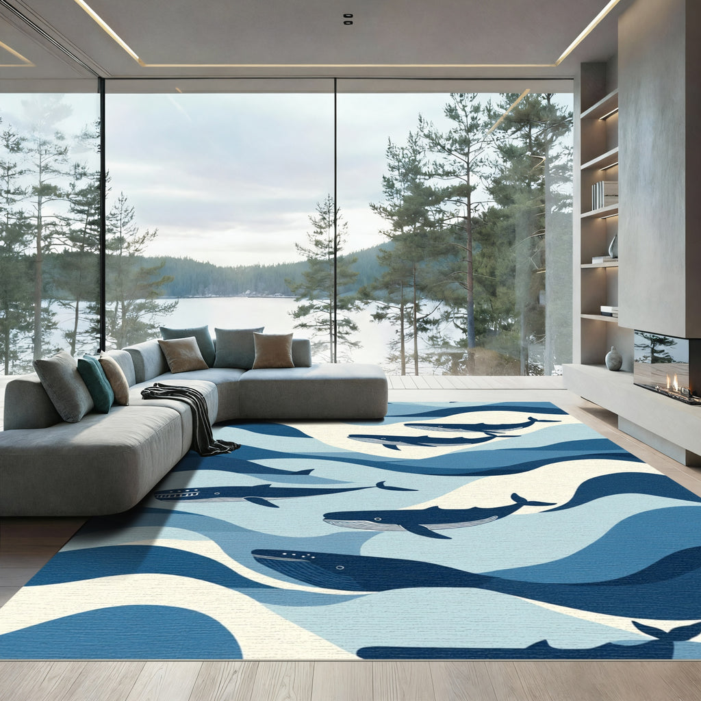 Whales In Blue Ocean Waves Rug