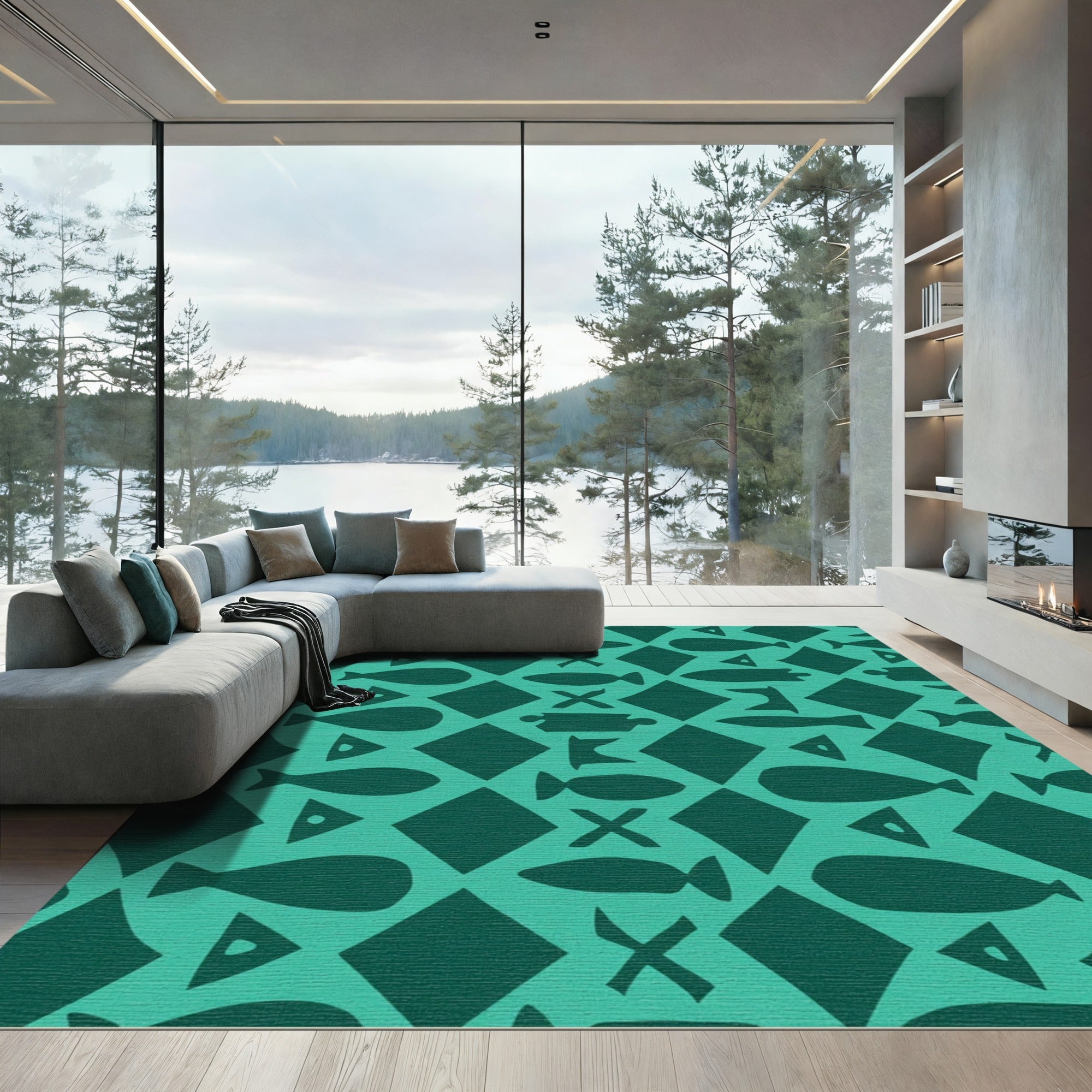 Teal Fish Diamond Geometric Rug