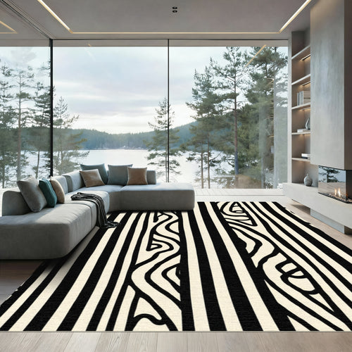 Abstract Black Cream Zebra Stripe Rug