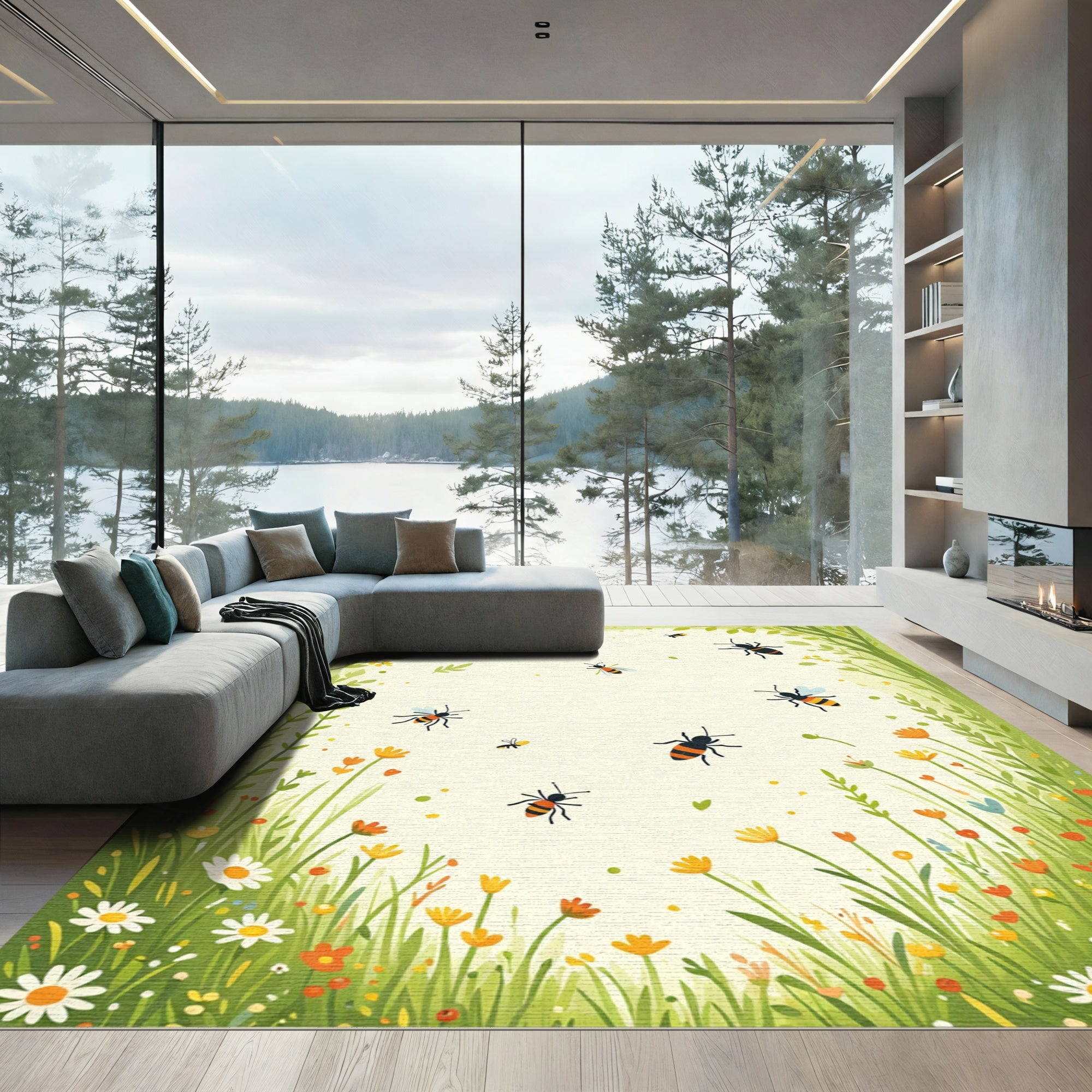 Whimsical Bee Garden Floral Scene Rug