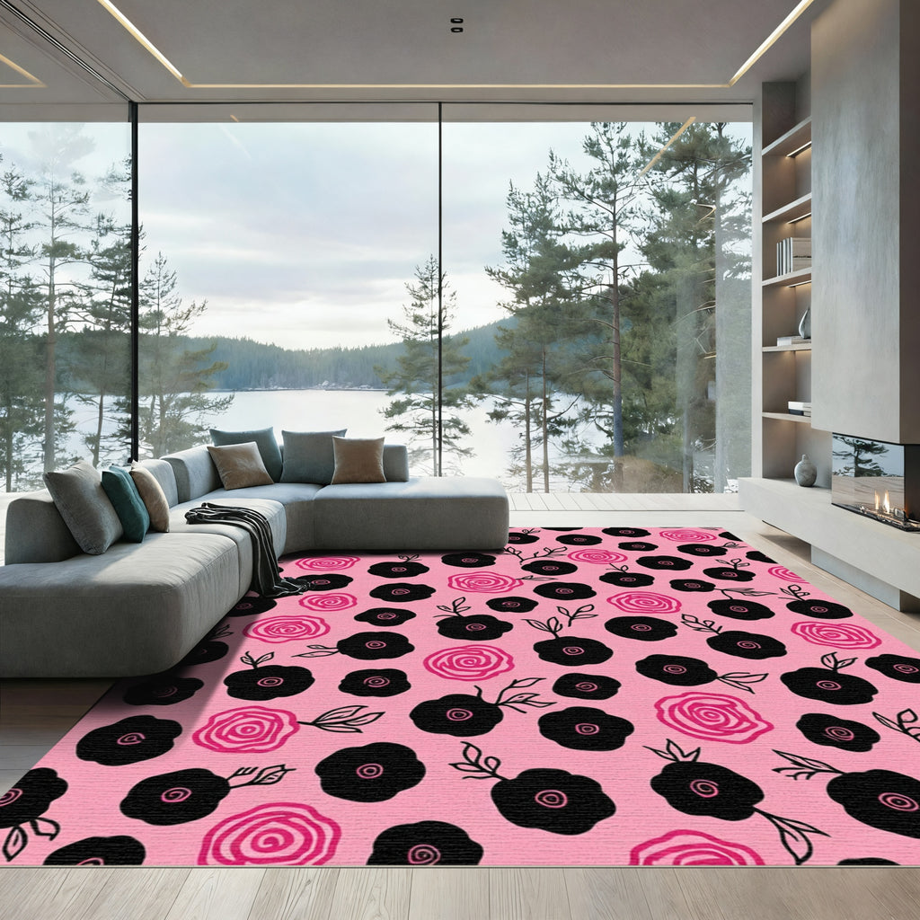 Pink Black Floral Garden Bloom Rug