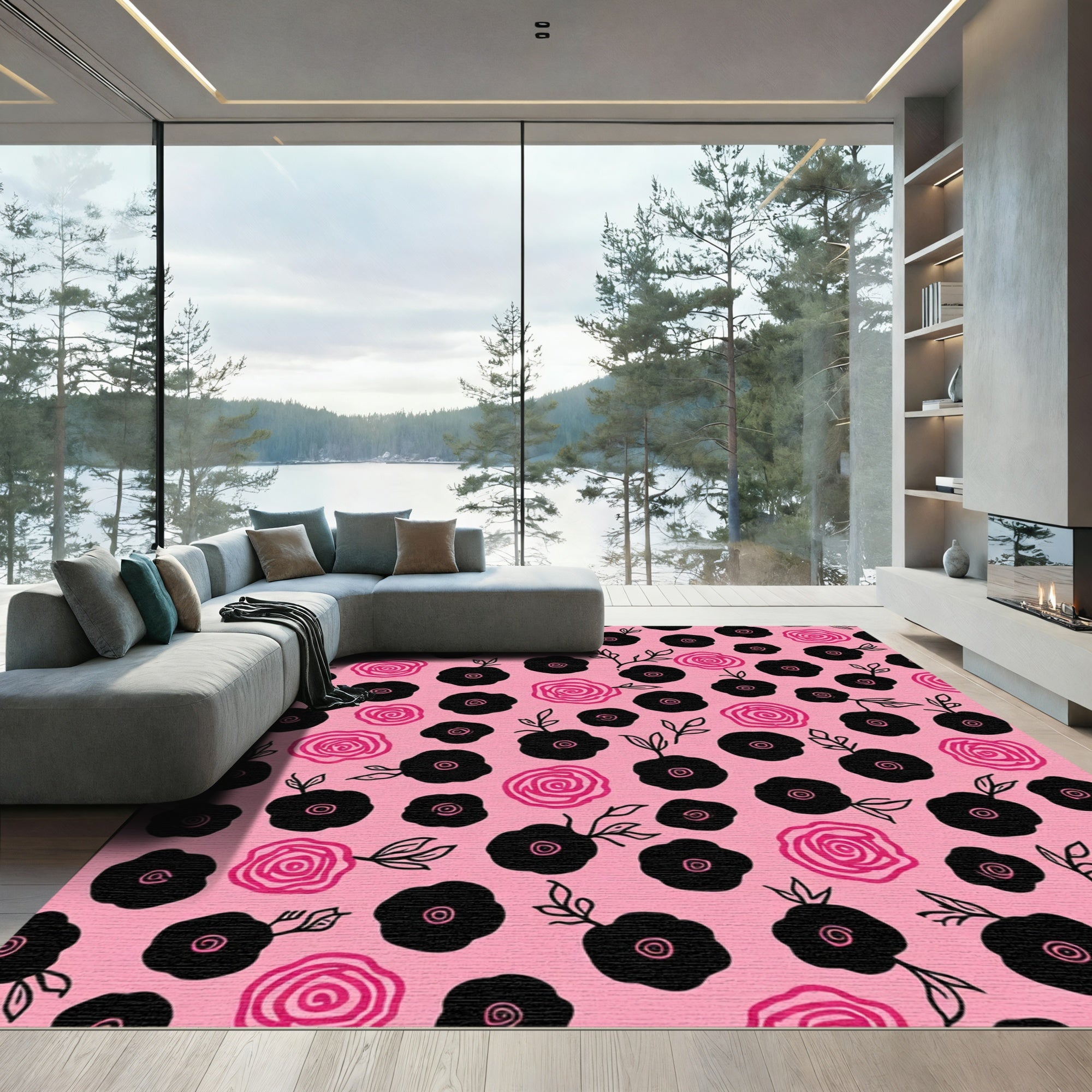 Pink Black Floral Garden Bloom Rug