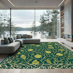 Dark Green Golden Floral Vine Border Rug