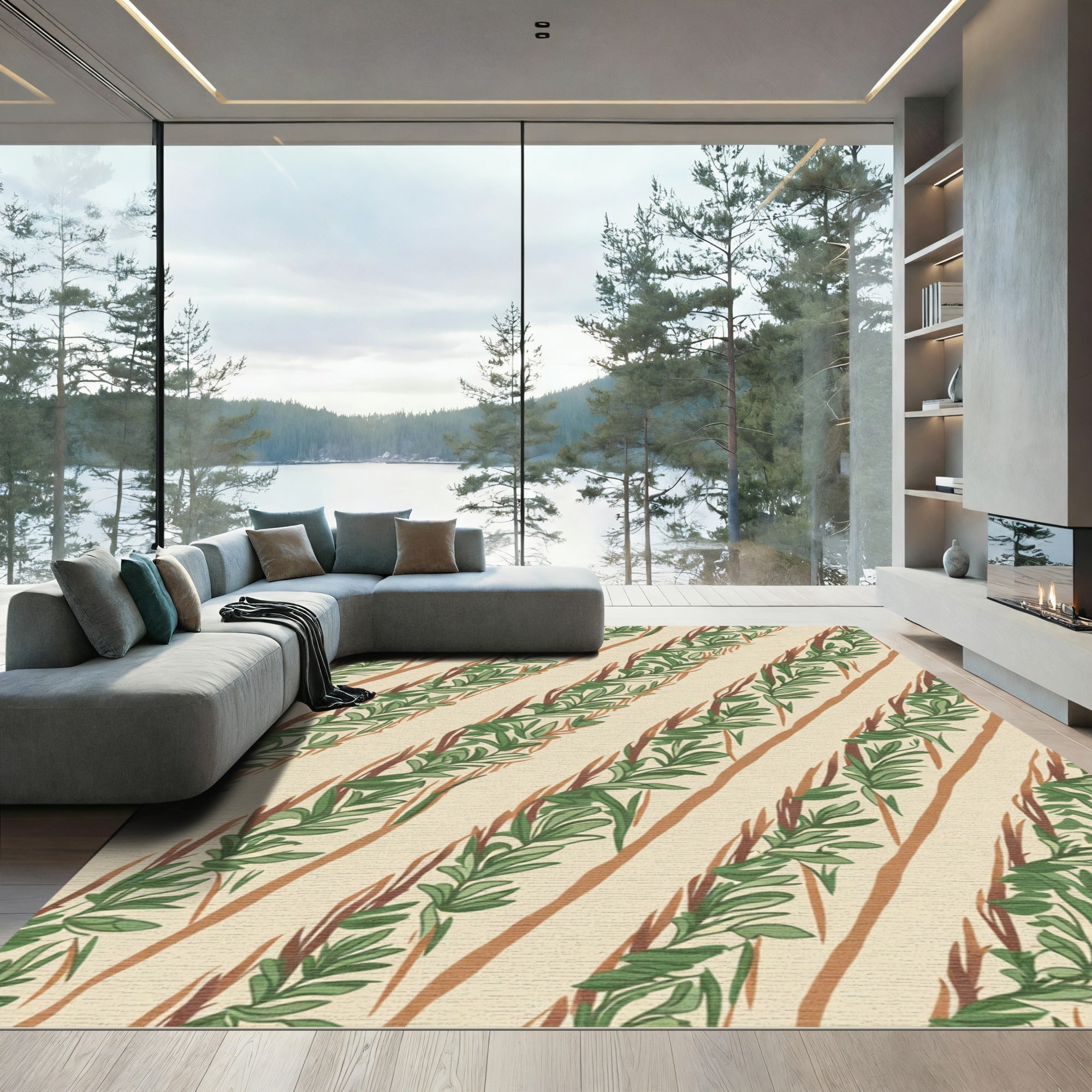Earthy Green Vine Diagonal Stripe Rug
