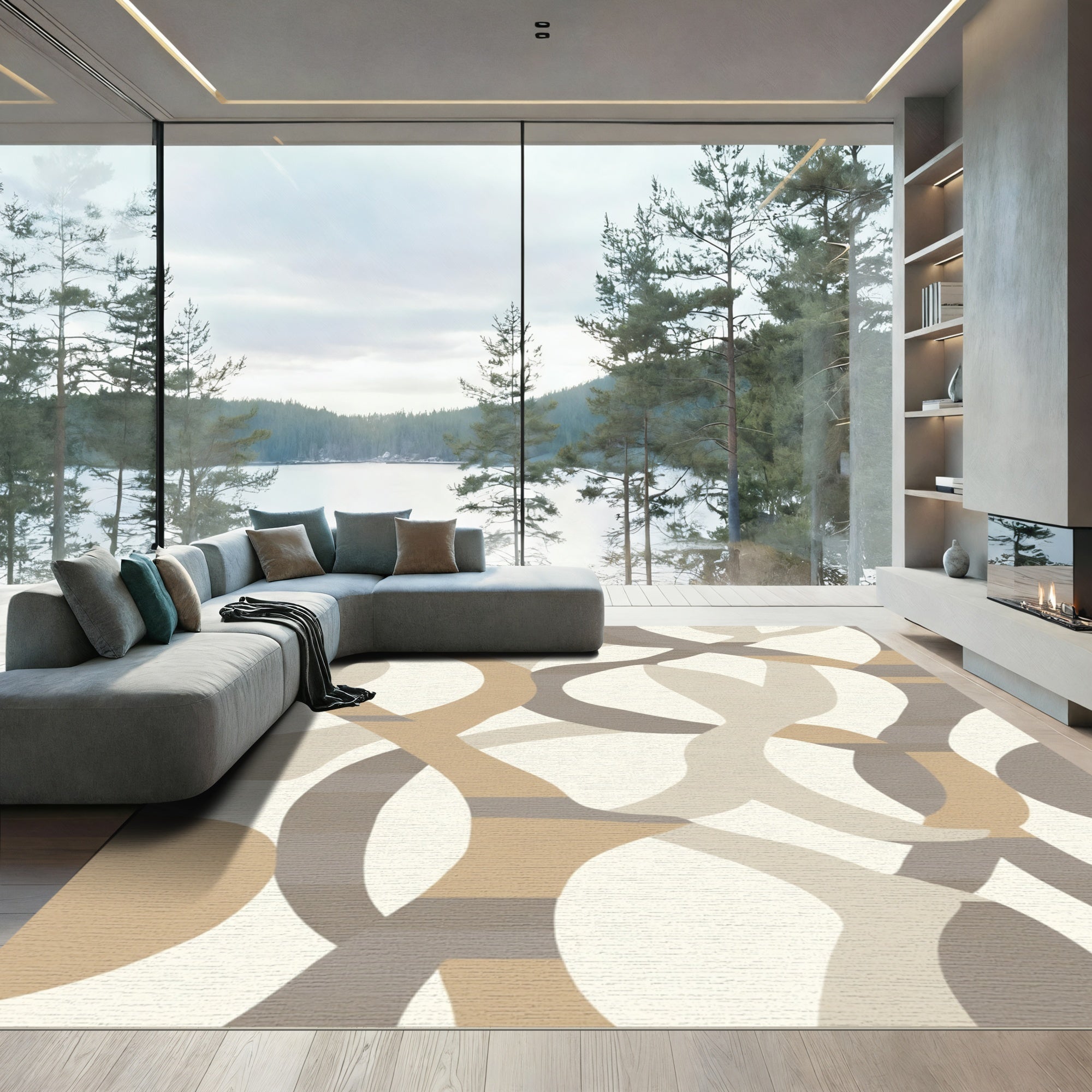 Earthy Neutral Interlocking Abstract Shapes Rug