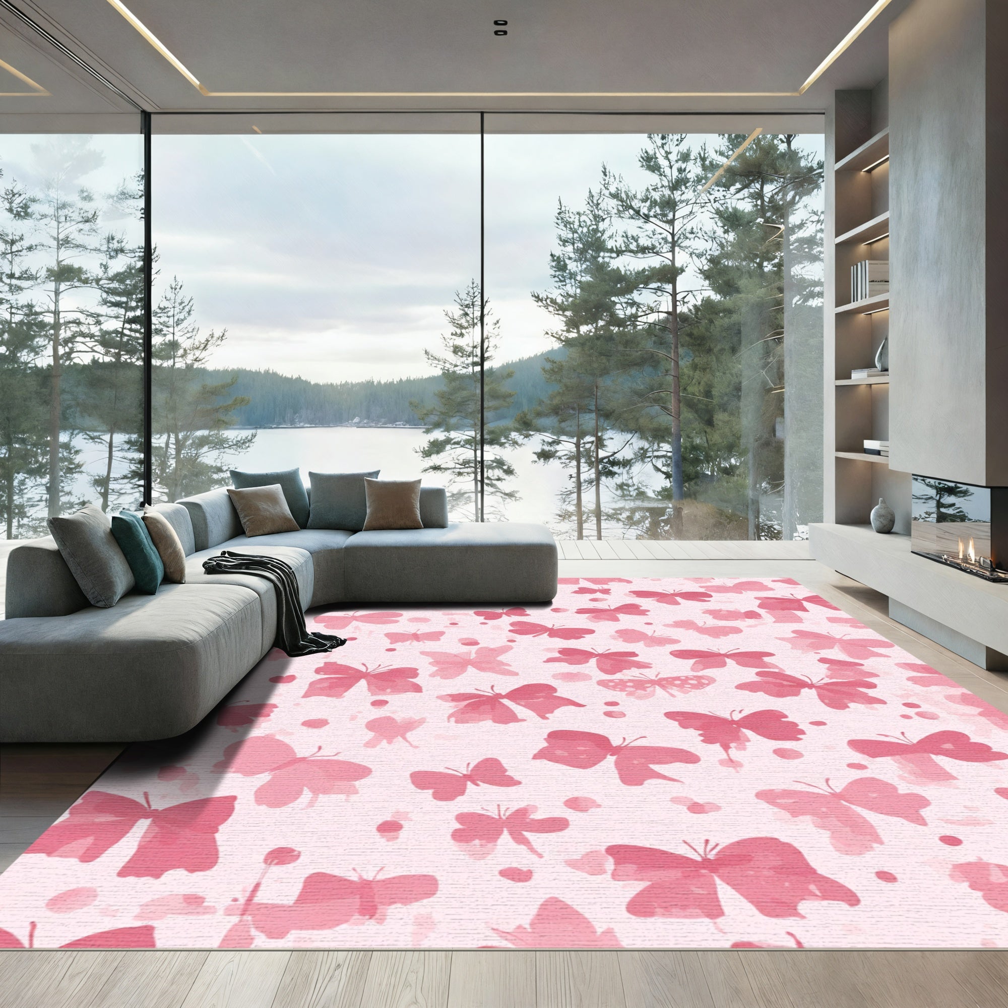 Pink Watercolor Butterfly Sprinkle Rug