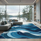 Oceanic Blue Wavy Mountains with Gold Rug