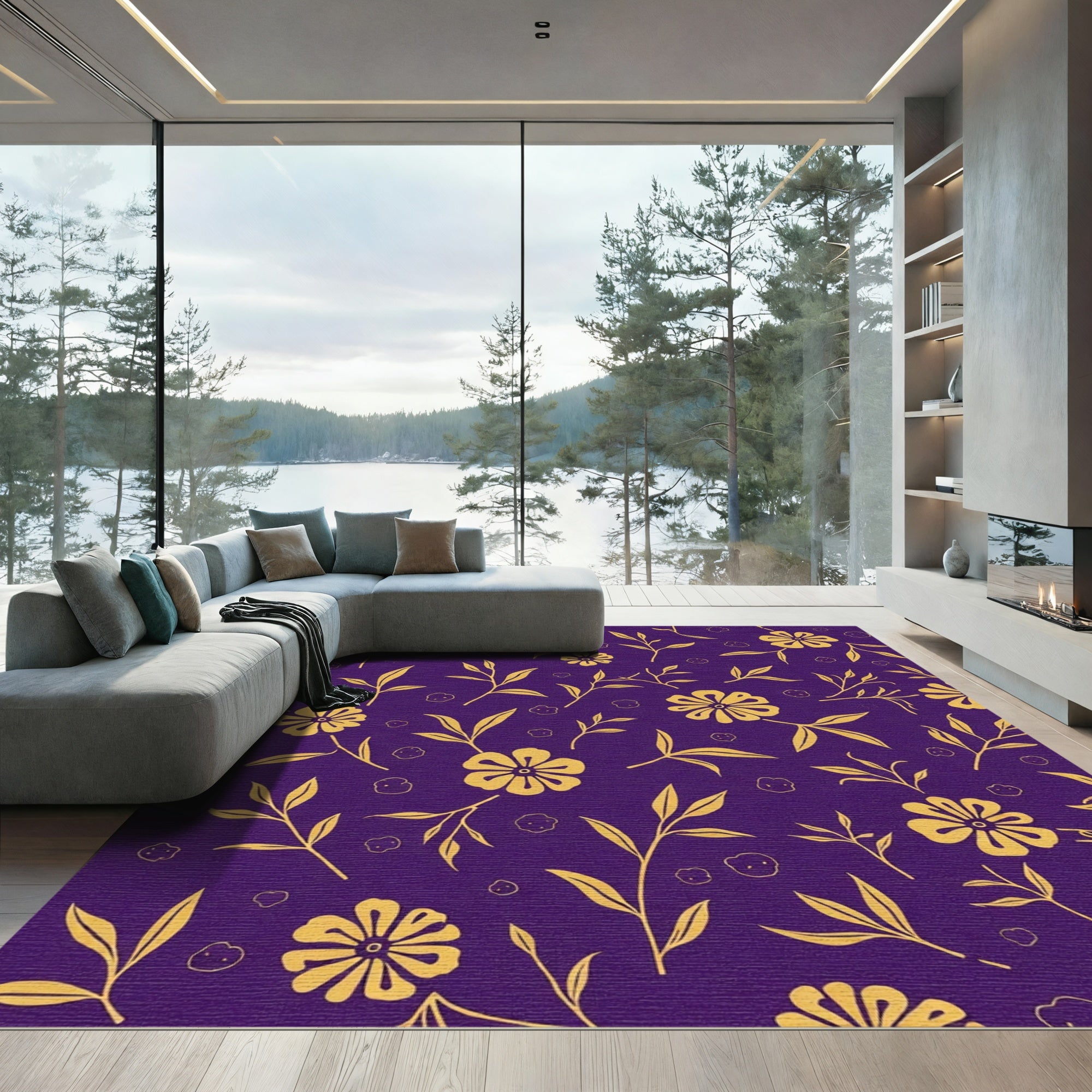 Golden Floral Branches on Purple Rug