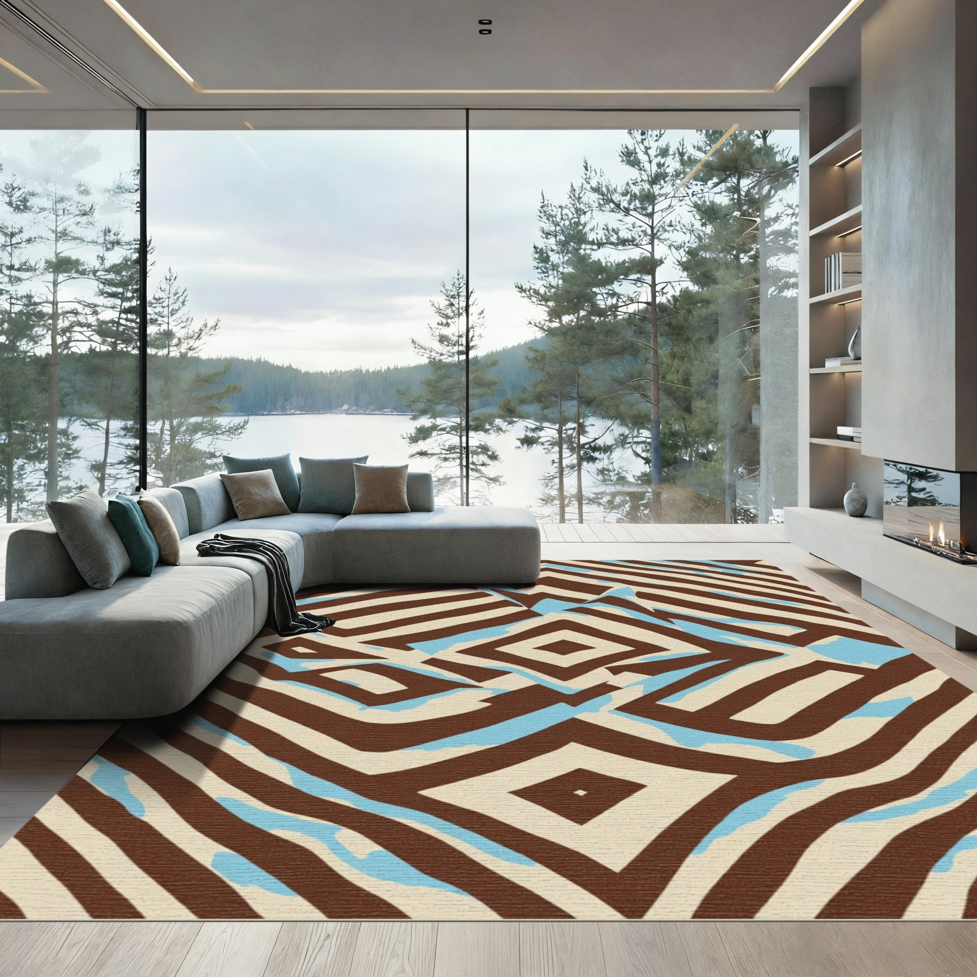 Brown Cream Blue Abstract Diamond Rug