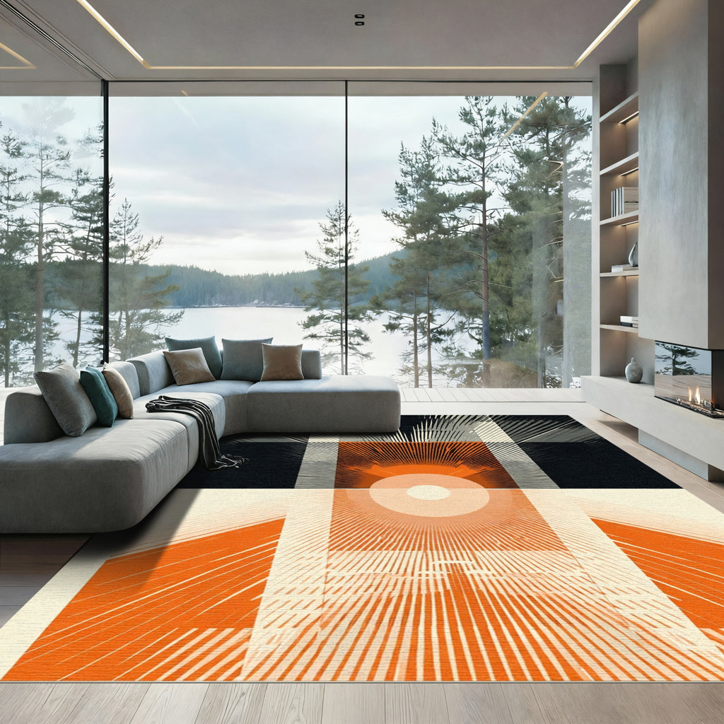 Orange Sunburst Abstract Geometric Rug