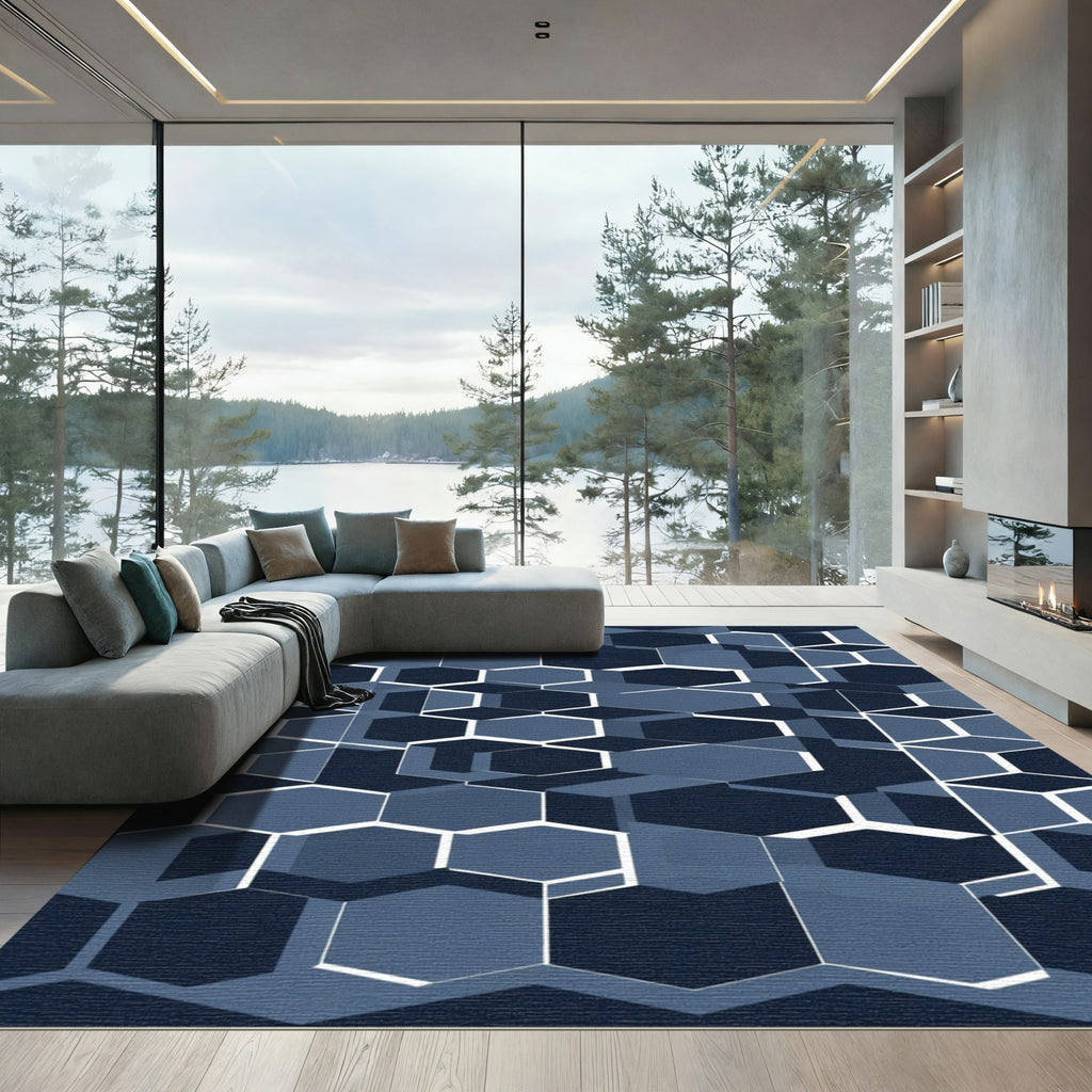 Deep Navy Blue Geometric Hexagon Mosaic Rug