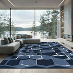 Deep Navy Blue Geometric Hexagon Mosaic Rug