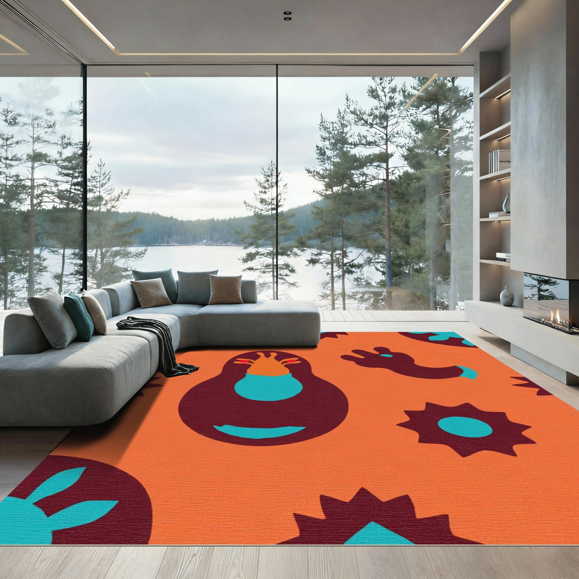 Orange Teal Folk Art Creature Rug
