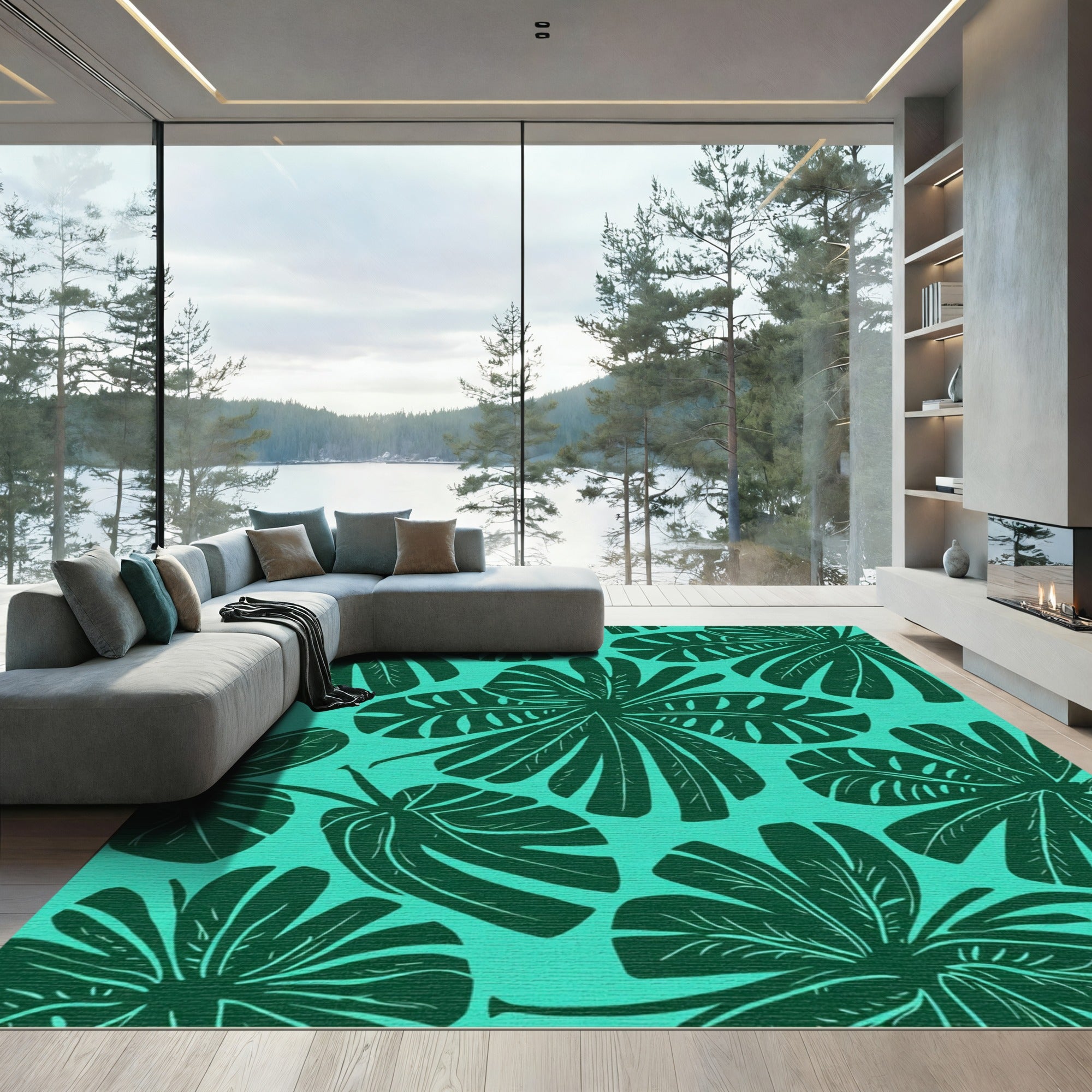 Deep Teal Tropical Leaf Panorama Rug