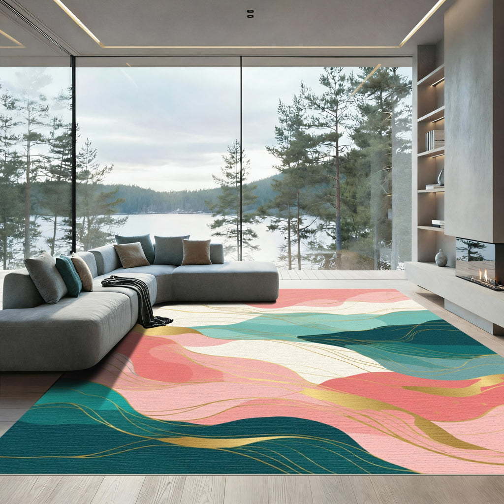 Blush Teal Golden Flowing Waves Rug