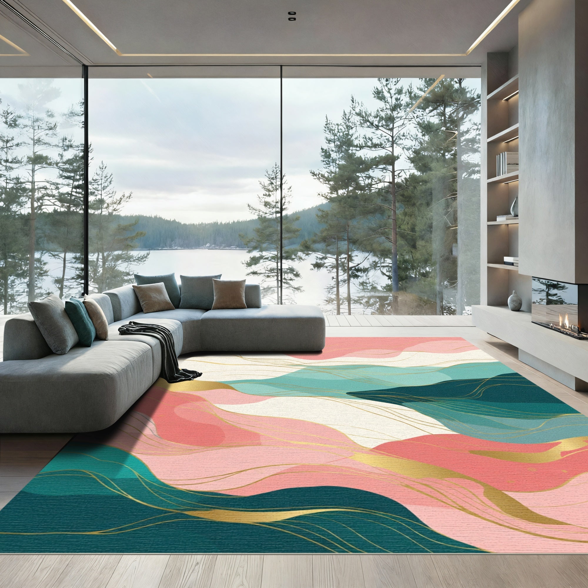 Blush Teal Golden Flowing Waves Rug