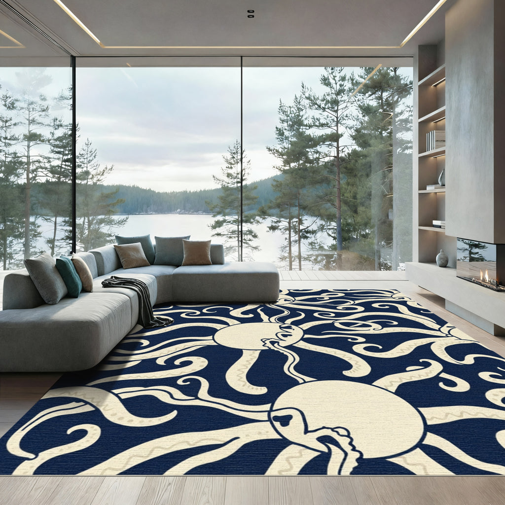 Cream Octopus Swirl Deep Blue Rug