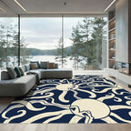 Cream Octopus Swirl Deep Blue Rug
