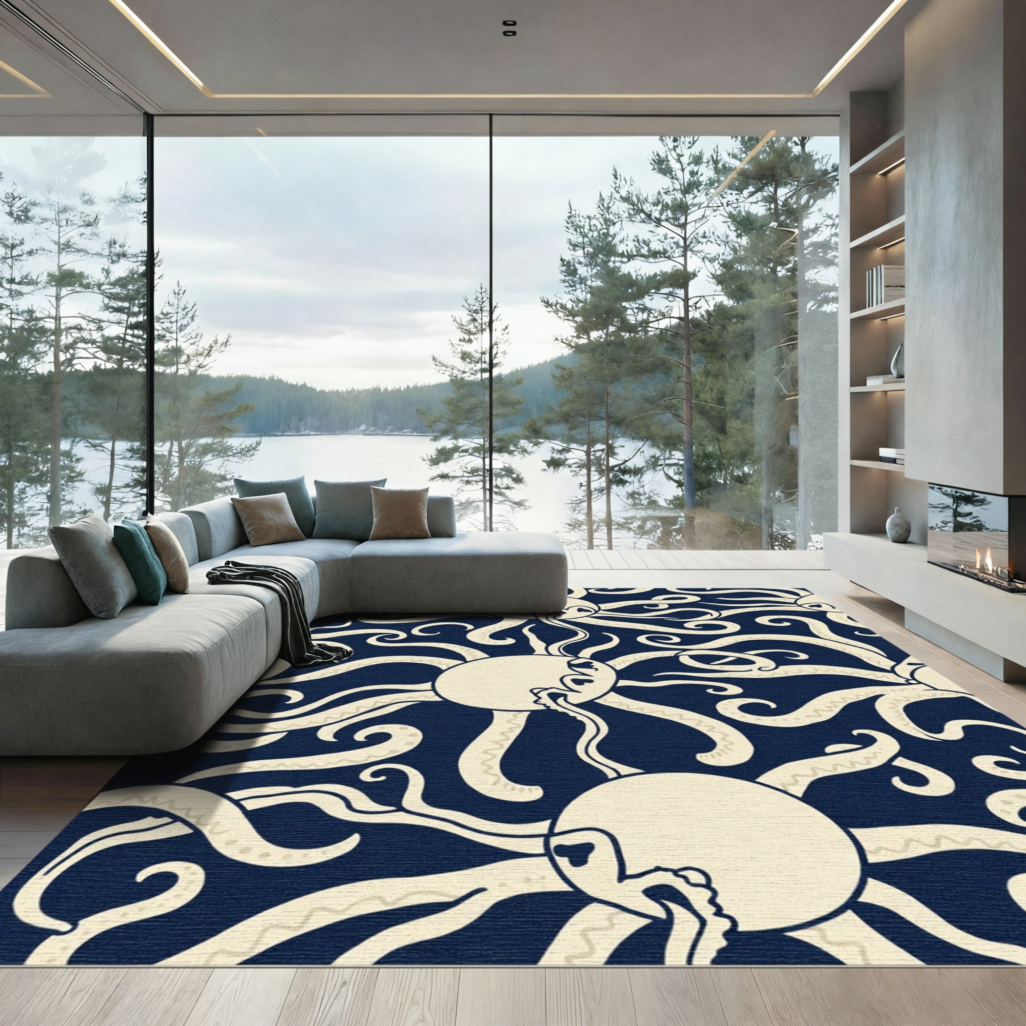 Cream Octopus Swirl Deep Blue Rug
