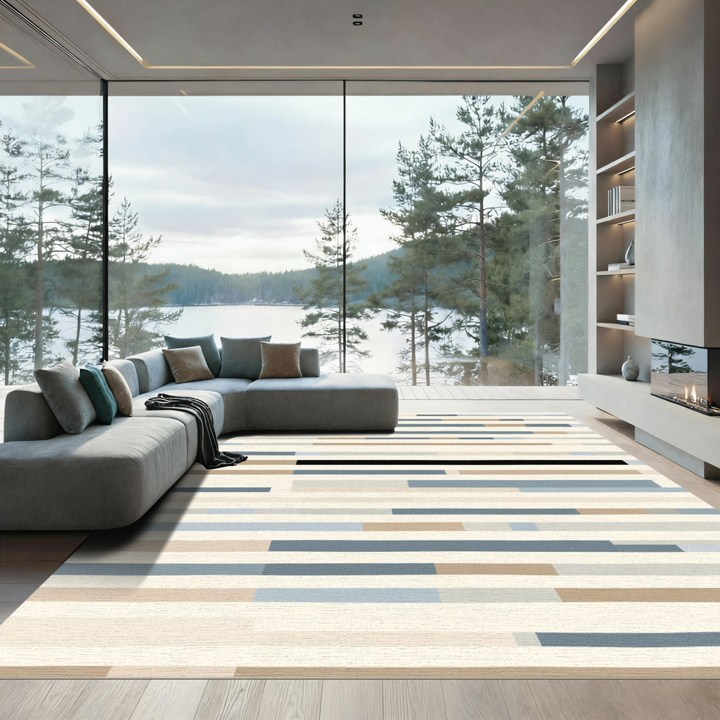 Modern Striped Taupe Blue Black Rug