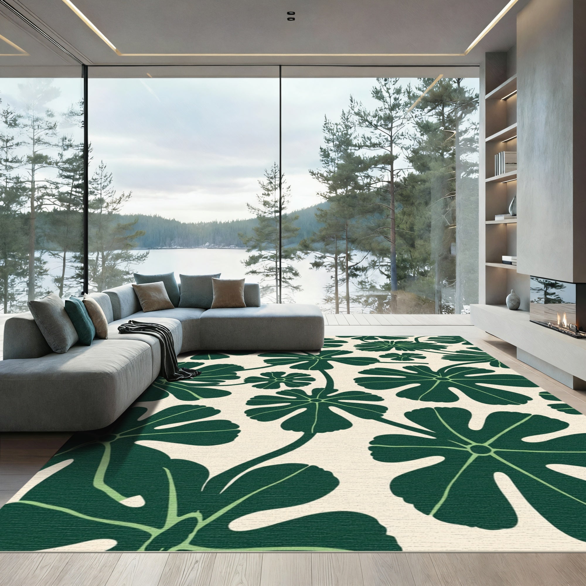Dark Green Leafy Vine Pattern Rug