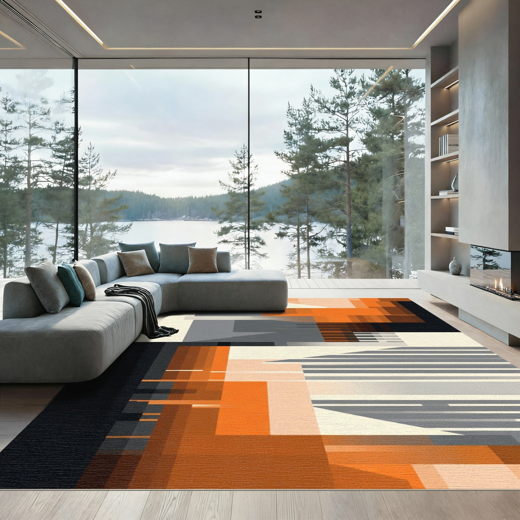 Urban Orange Gray Geometric Blocks Rug