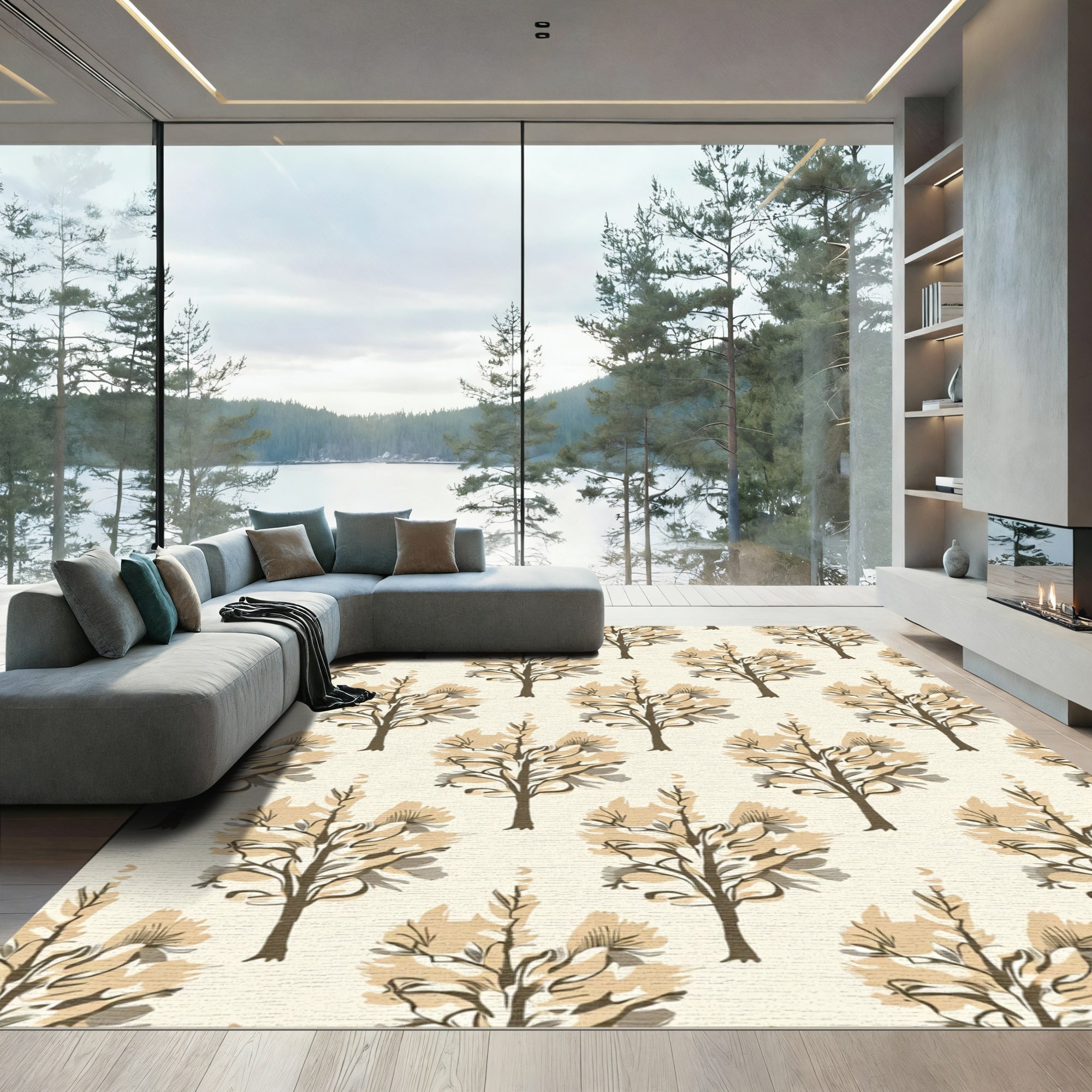 Brown Tan Stylized Tree Garden Rug