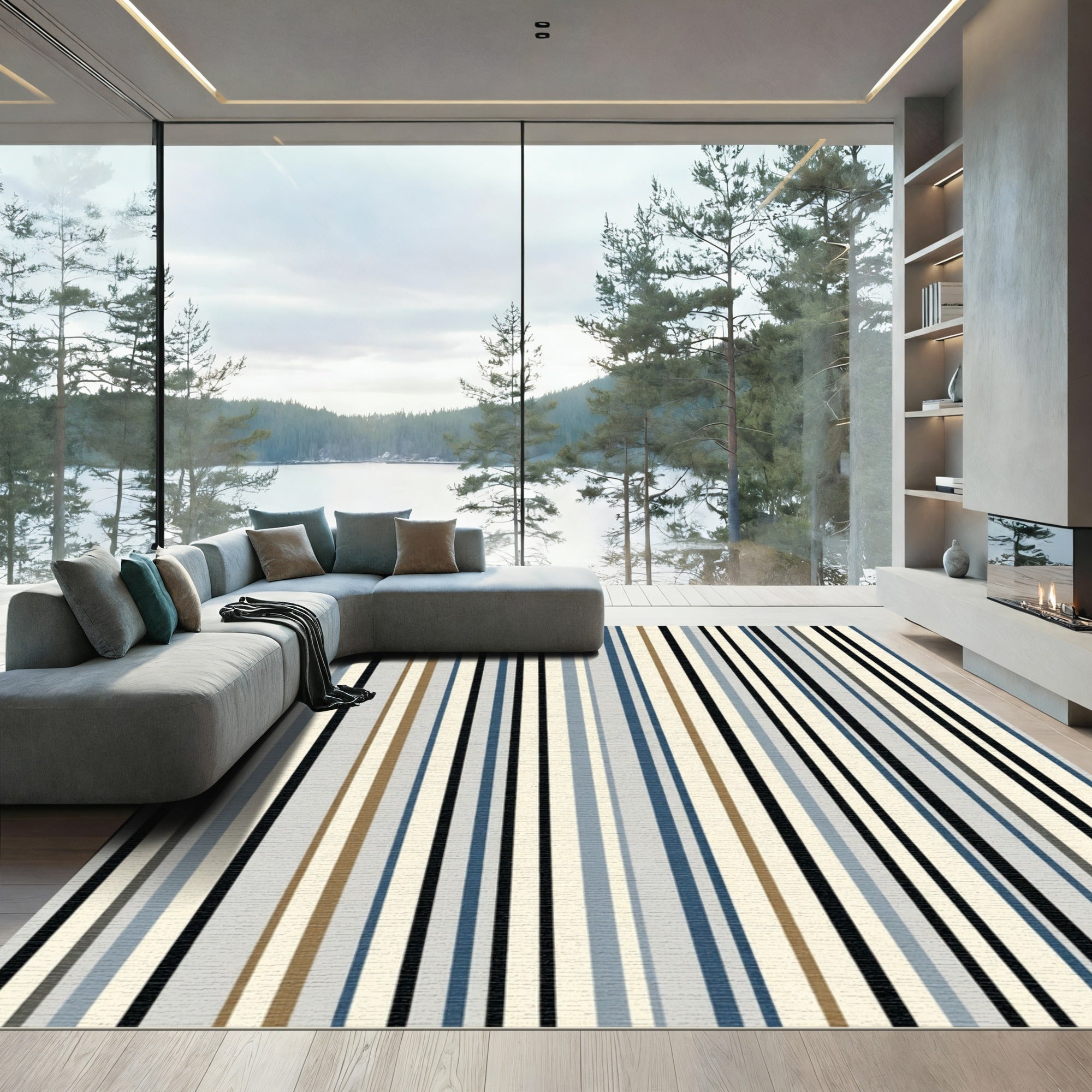 Naval Blue Earthy Tone Striped Rug