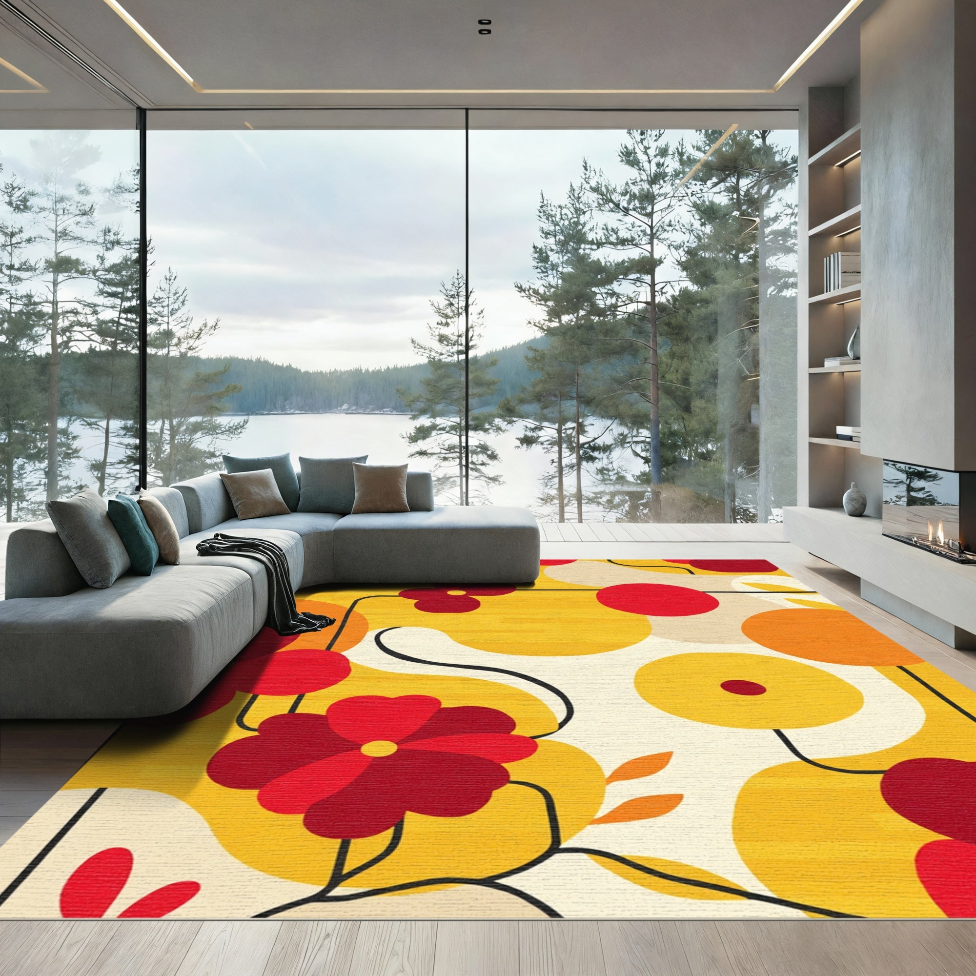 Bold Red Yellow Floral Abstract Rug