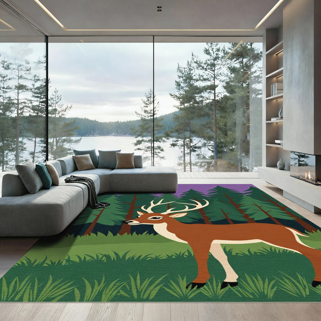 Majestic Brown Deer Forest Night Rug