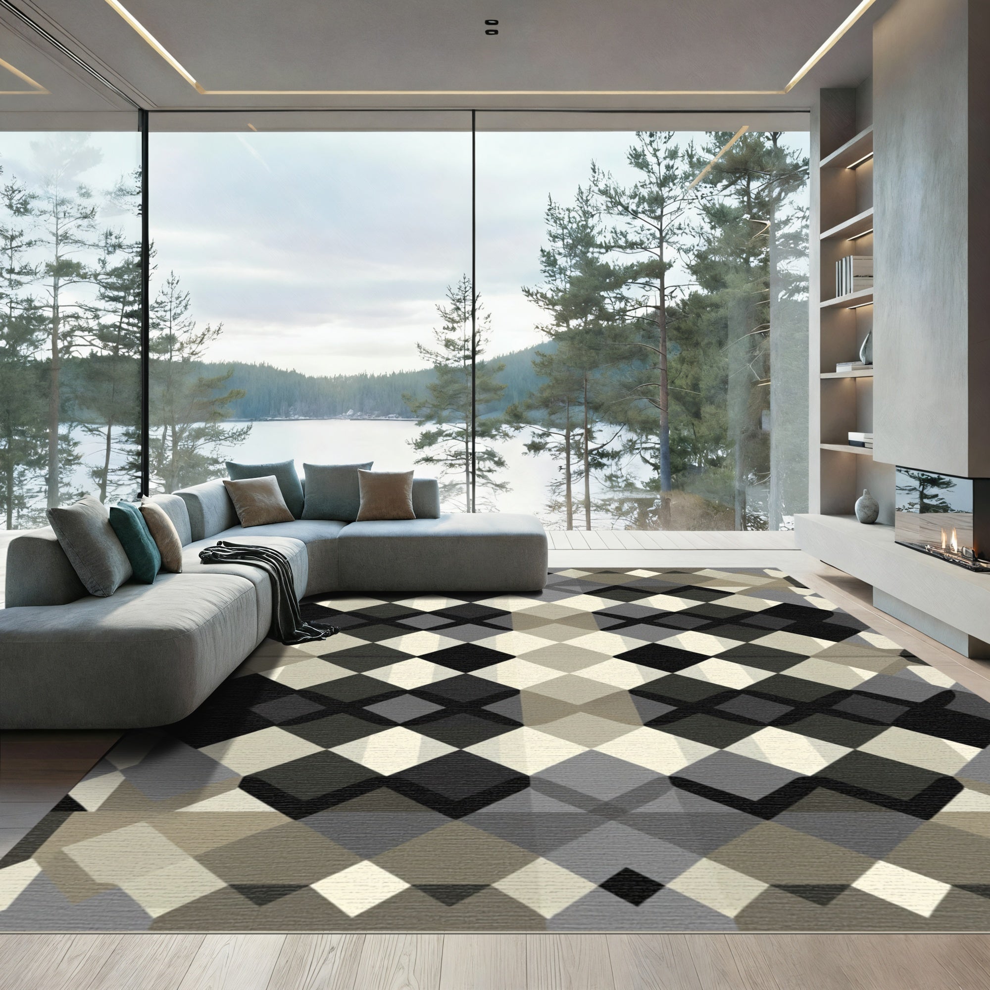 Monochrome Diamond Chain Geometric Rug