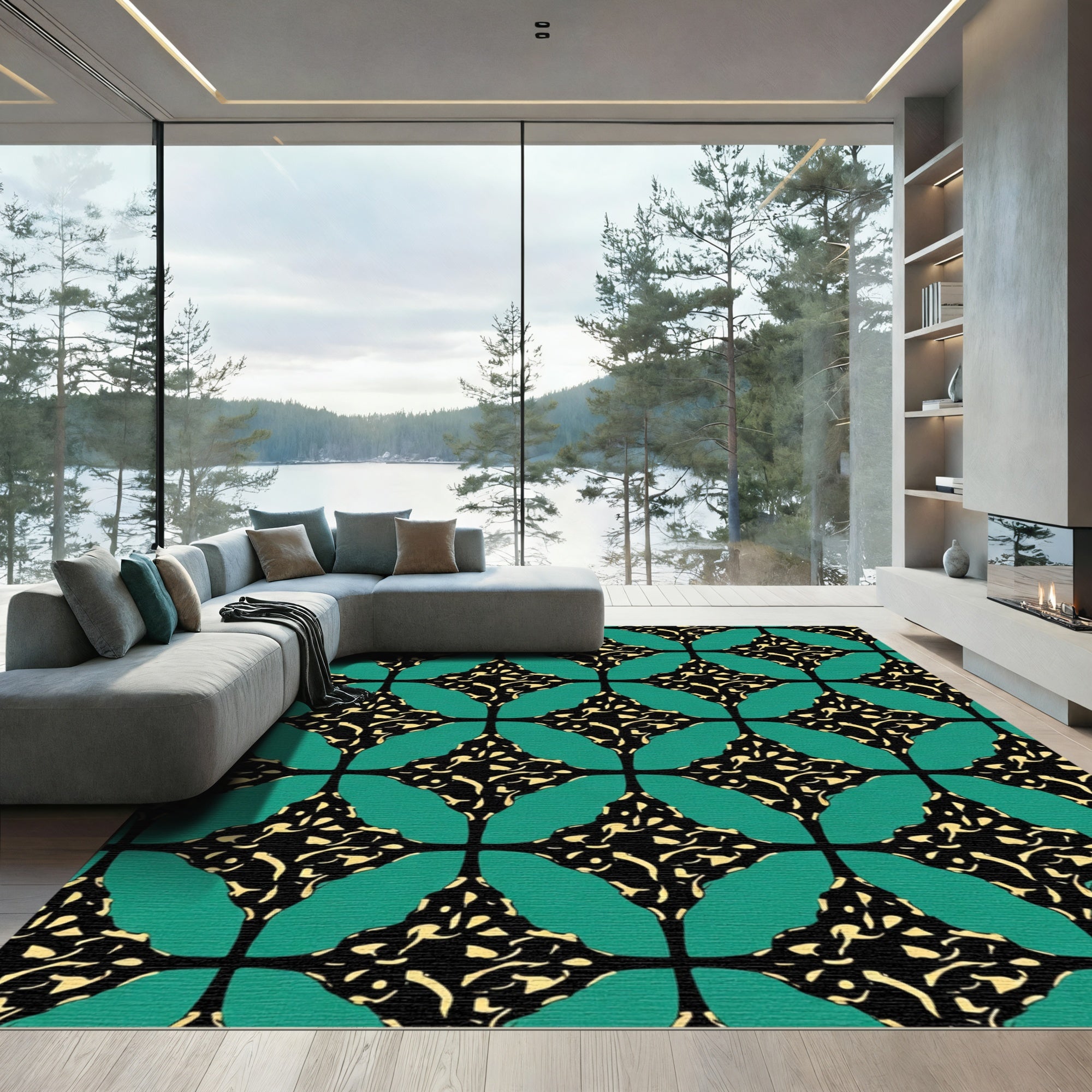Teal Black Golden Geometric Burst Rug