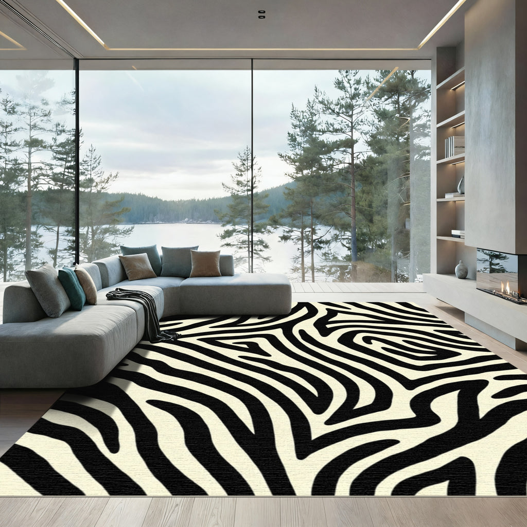 Curved Black Cream Animal Print Rug