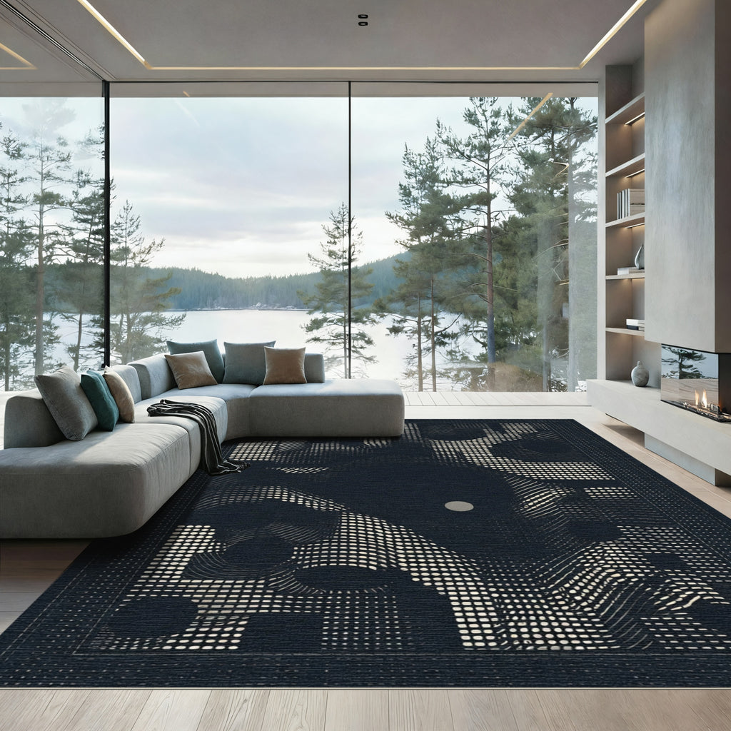 Dark Textured Abstract Dot and Line Rug
