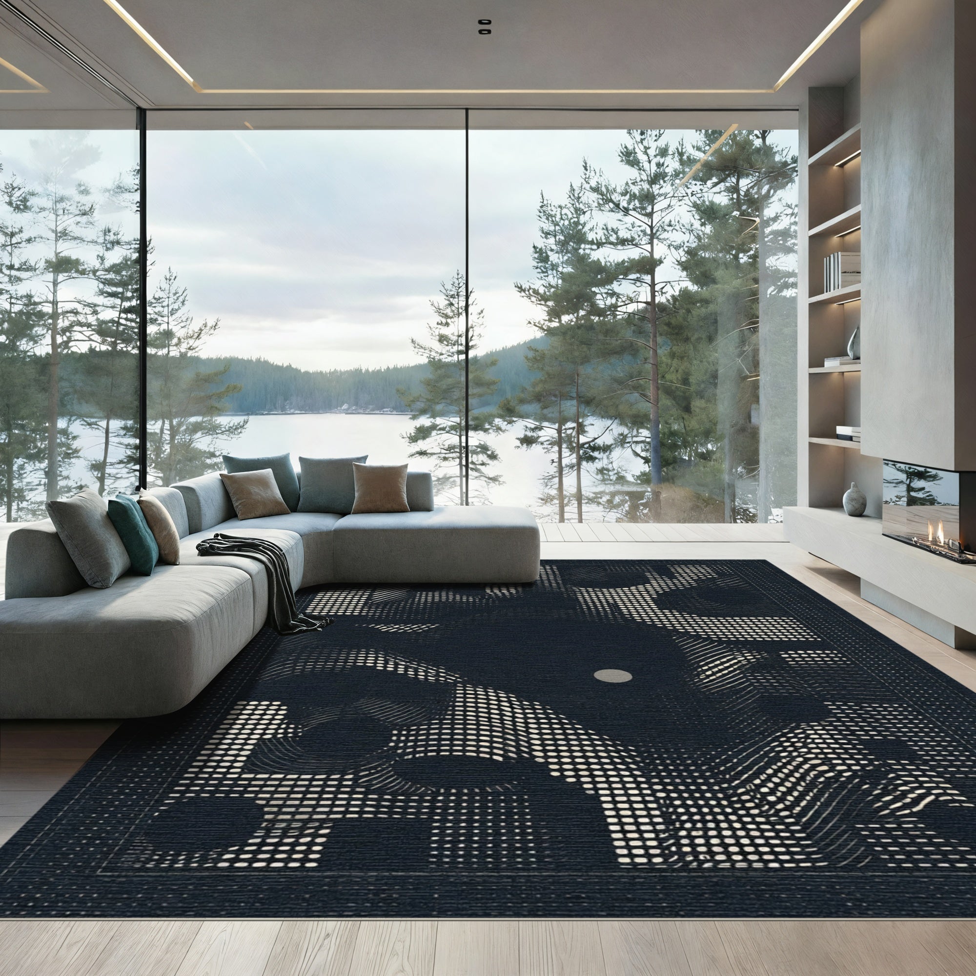 Dark Textured Abstract Dot and Line Rug