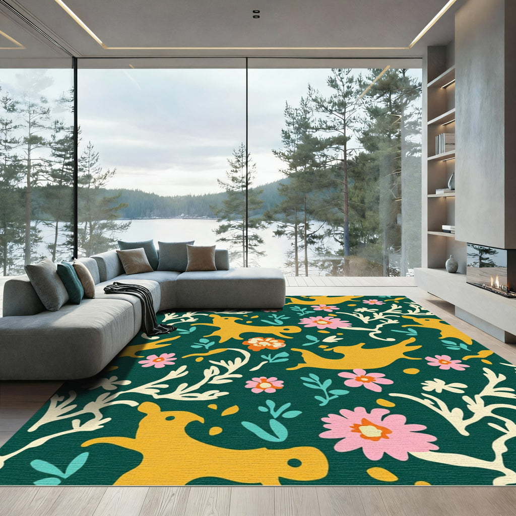 Golden Fox And Pink Flower Field Rug