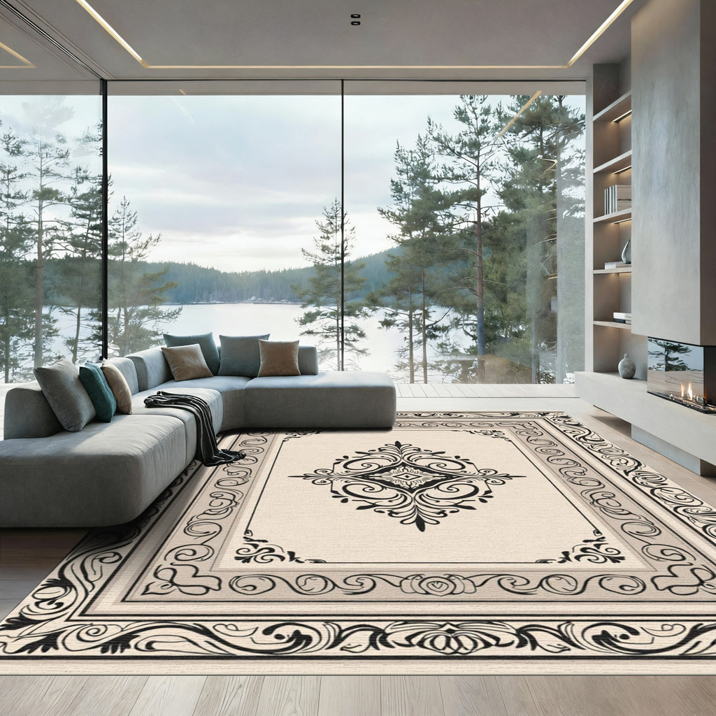 Ornate Black Cream Scroll Medallion Rug