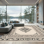 Ornate Black Cream Scroll Medallion Rug