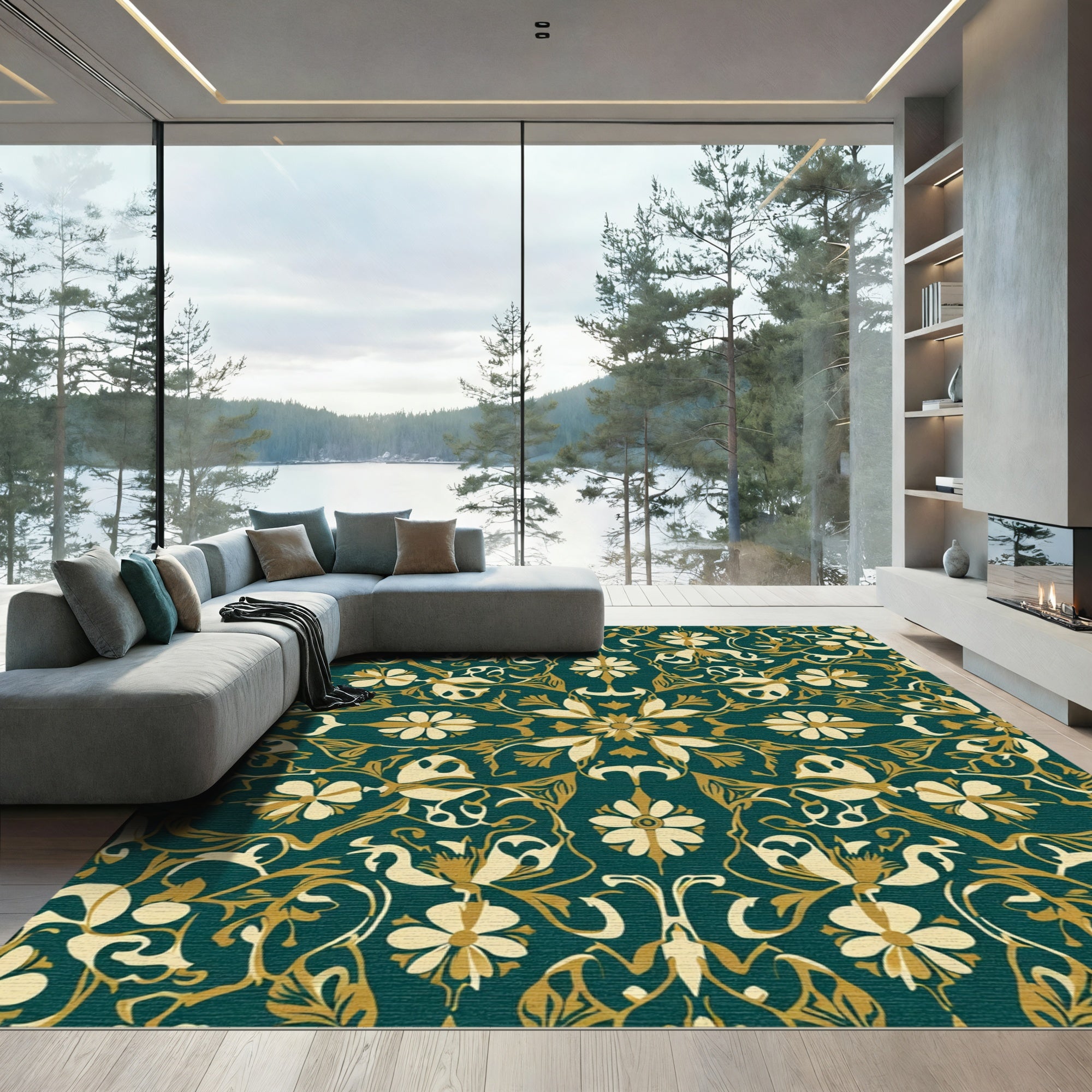 Dark Teal Golden Floral Medallion Rug