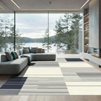 Deep Blue Gray White Geometric Lines Rug