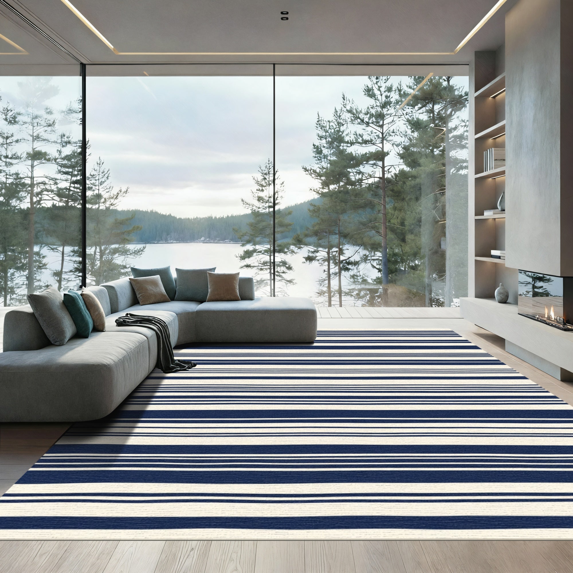 Cream Navy Linear Bands Rug
