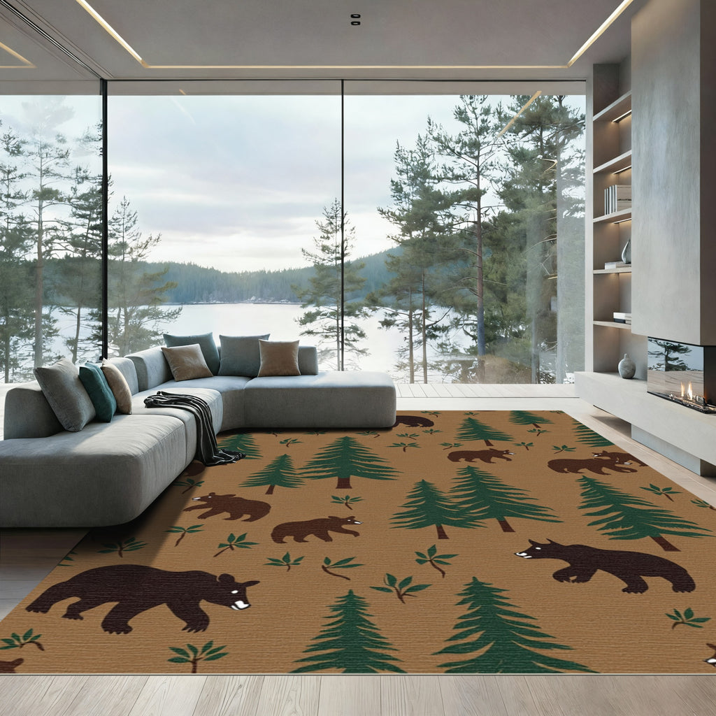 Brown Bear Forest Trees Silhouette Rug